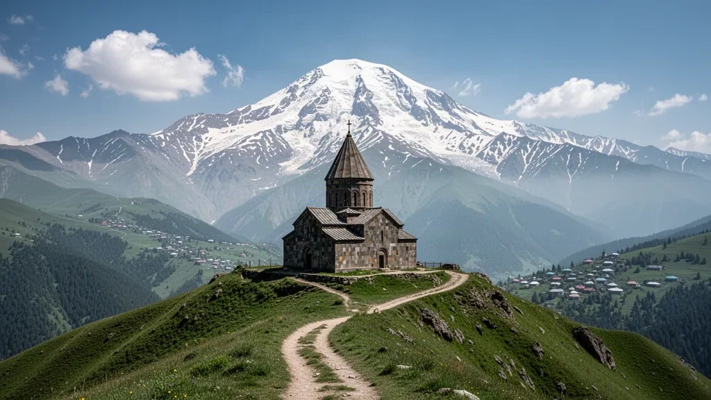 Gürcistan'ın Kafkas Dağları'nda, Stepantsminda üzerindeki bir sırt üzerinde yer alan Gergeti Trinity Kilisesi ve arkasında yükselen karla kaplı Kazbek Dağı