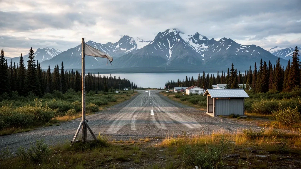 Abgelegene Schotterpiste am Flughafen Pedro Bay in Alaska, umgeben von Fichtenwald mit schneebedeckten Bergen und einem See dahinter