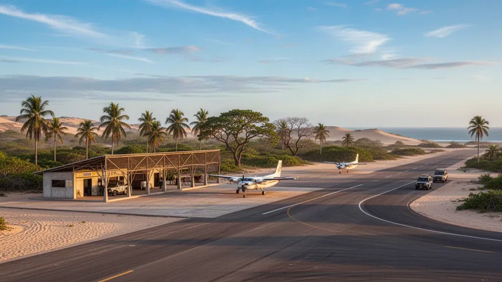 Kleine Küstenpiste und Leichtflugzeug am Flughafen Ponta do Ouro in Mosambik, umrahmt von Dünen, Palmen und dem Indischen Ozean zur goldenen Stunde.