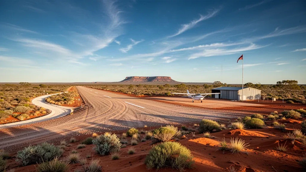 Abgelegene Outback-Landepiste bei Pandie Pandie im äußersten Norden von South Australia mit Schotterpiste, Kleinflugzeug und Wellblechschuppen zur goldenen Stunde