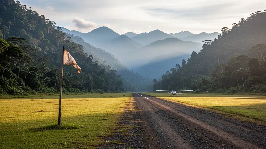Grass airstrip and rainforest ridges at remote Pindiu Airport in Morobe Province, Papua New Guinea, under warm morning light