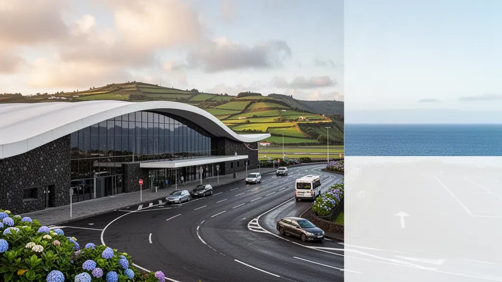 Ponta Delgada yakınlarındaki João Paulo II Havalimanı'nın yeşil volkanik tepeler ve Atlantik kıyısıyla çevrili modern cam terminali, Azorlar