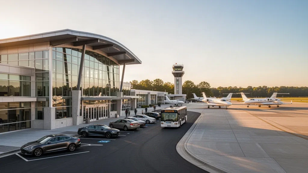 Moderno edificio terminal de vidrio en el Aeropuerto DeKalb-Peachtree en Chamblee, Georgia, con aeronaves en la plataforma durante la hora dorada.