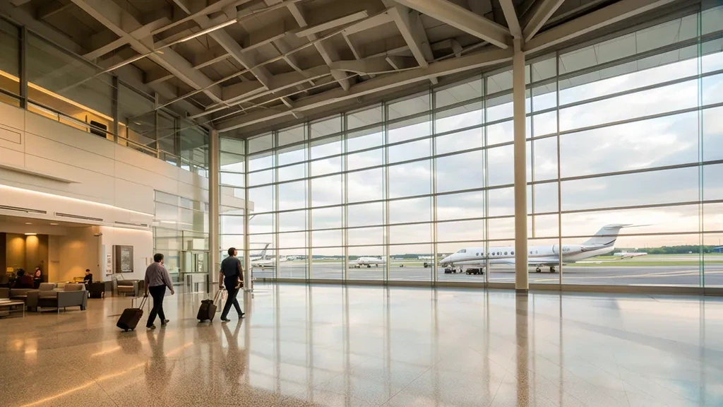 Interior de la terminal del Aeropuerto DeKalb-Peachtree en Chamblee, Georgia, con grandes ventanales, asientos y vistas de aeronaves privadas en la plataforma.