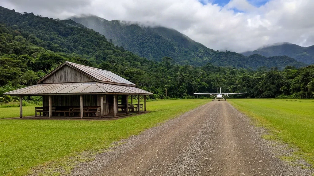 Petit terminal tropical et piste en herbe à l'aéroport de Pindiu (PDI), dans la province de Morobe, Papouasie-Nouvelle-Guinée, avec des montagnes verdoyantes en arrière-plan.