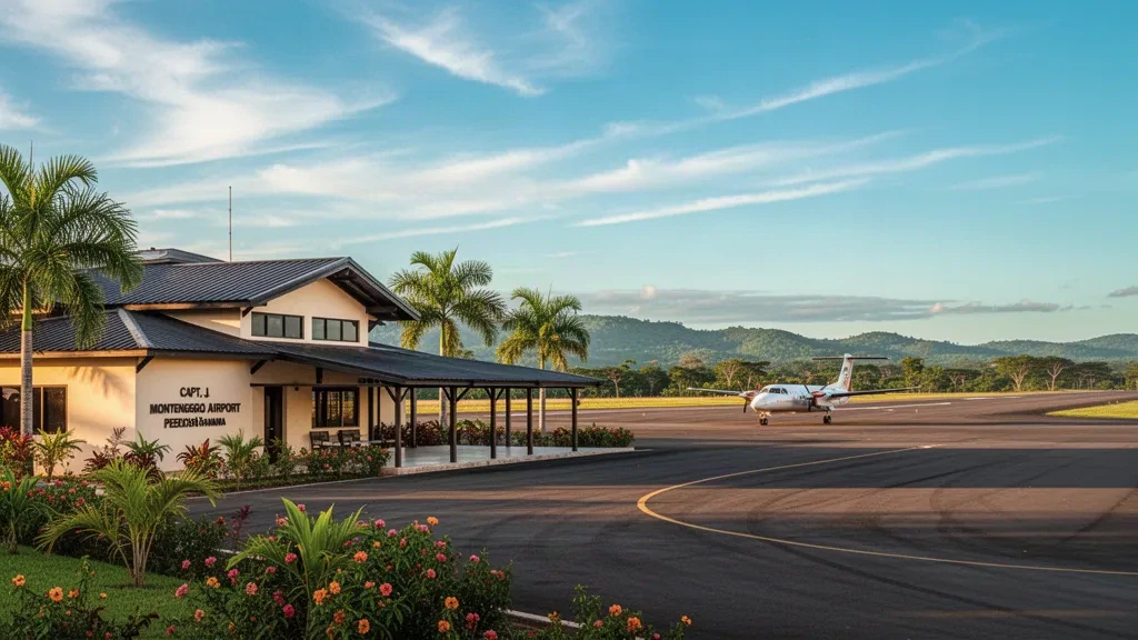 Sonnenbeschienenes Terminal und Startbahn am Capt. J. Montenegro Flughafen in Pedasí, Panama, umgeben von tropischer Vegetation
