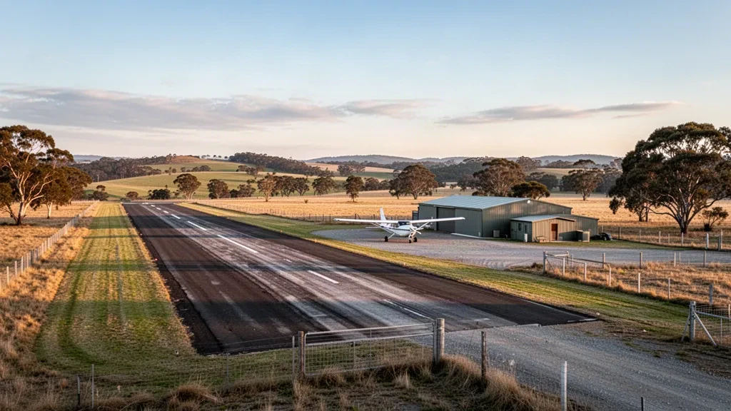 Small rural airfield near Parndana on Kangaroo Island, with a light aircraft on the runway beside a metal hangar at golden hour