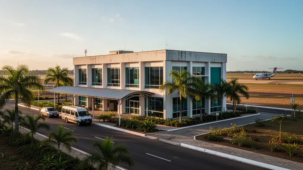 Golden hour view of a modern regional airport terminal and drop-off lane at Presidente José Sarney Airport in Maranhão, Brazil