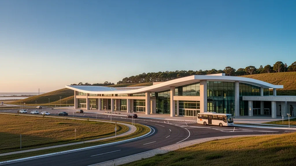 Modern glass terminal and drop-off forecourt at Capitan Corbeta CA Curbelo International Airport near Punta del Este, Uruguay, at golden hour