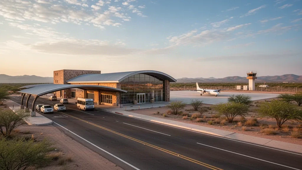 Modernes Terminal und Vorfahrtspur am Piedras Negras International Airport in Coahuila, Mexiko, in warmem Licht des späten Nachmittags