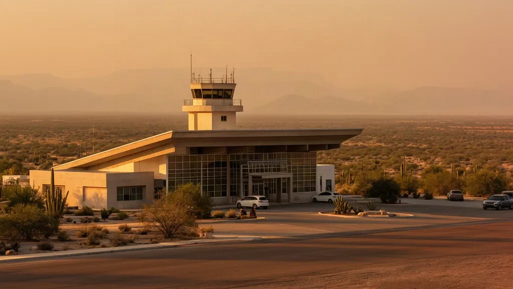 Flaches Terminalgebäude und Vorplatz des Piedras Negras International Airport in Coahuila, Mexiko, beleuchtet vom Licht der späten Nachmittagswüste
