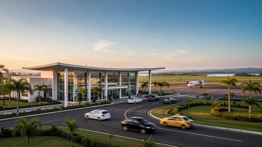 Modern glass terminal forecourt at Tydeo Larre Borges Airport in Paysandú, Uruguay, bathed in warm golden hour light