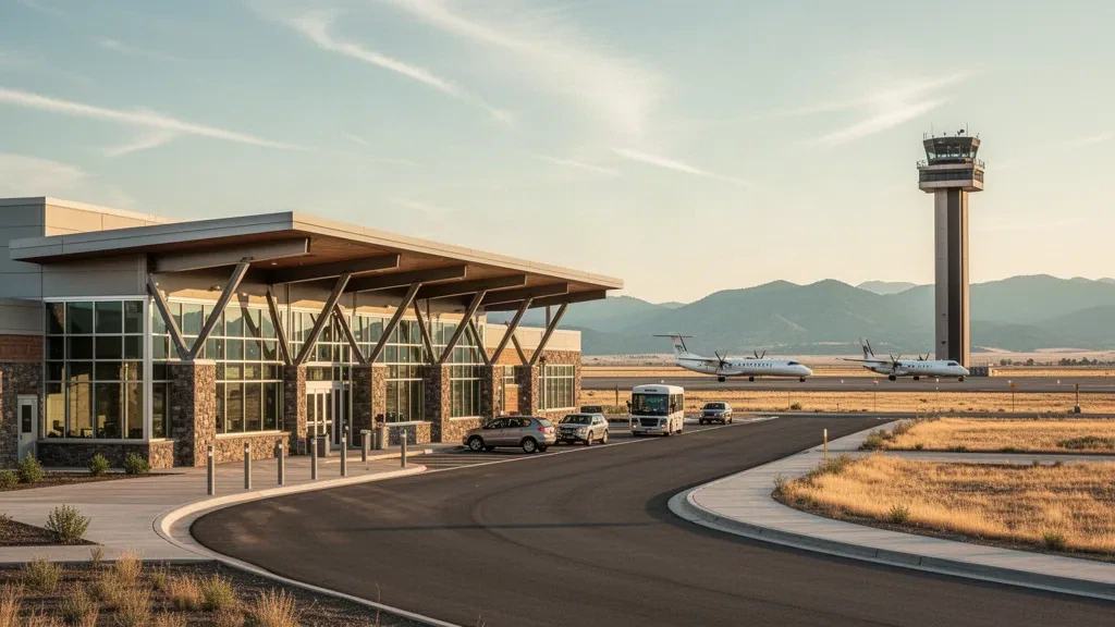 Terminal moderna de vidrio y carril de bajada junto a la acera en el Aeropuerto Regional de Eastern Oregon en Pendleton bajo la cálida luz dorada del atardecer