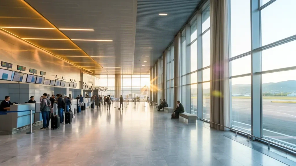 Departure hall interior of Plovdiv International Airport PDV with check-in counters and travellers