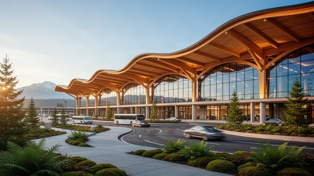 Moderne Massivholzdachkonstruktion und Glasfassade des Terminals des Portland International Airport zur goldenen Stunde mit Vorfahrtsbereichen davor