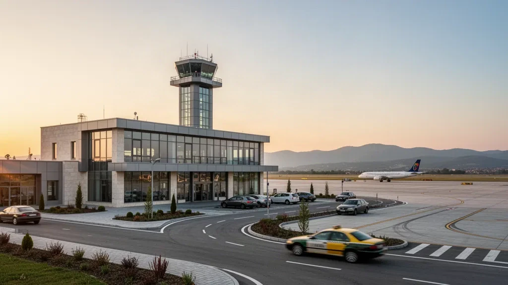 Moderno terminal in vetro e torre di controllo dell'Aeroporto Internazionale di Plovdiv vicino a Krumovo, con corsie per la salita e discesa passeggeri e le colline dei Rodopi sullo sfondo