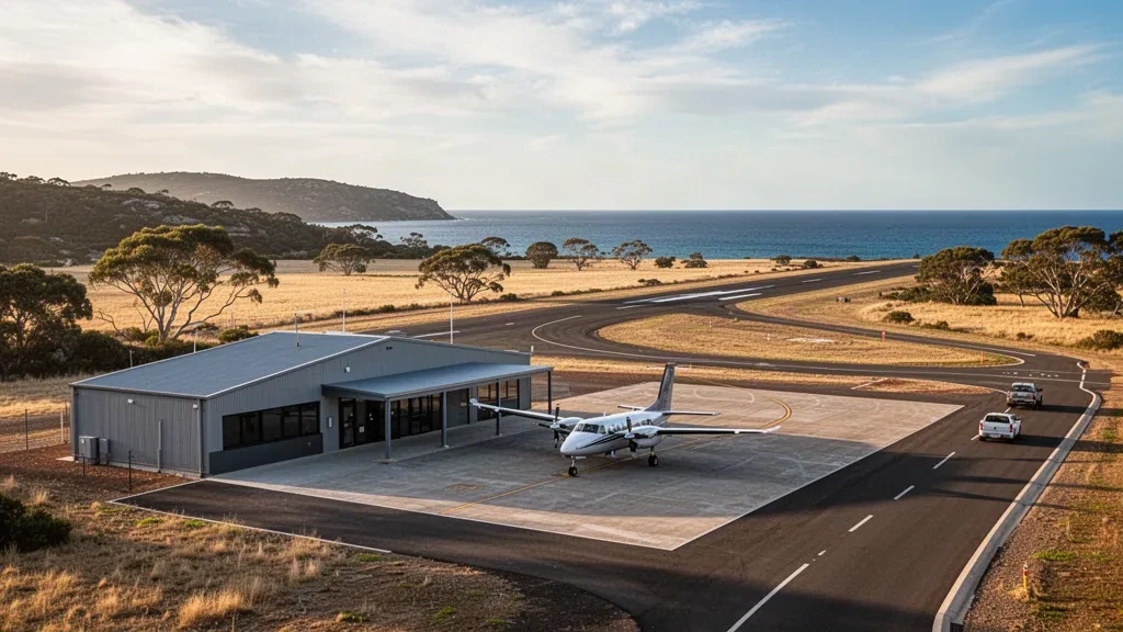 Small regional terminal and airstrip at Penneshaw Airport on Kangaroo Island, South Australia, in warm late afternoon light