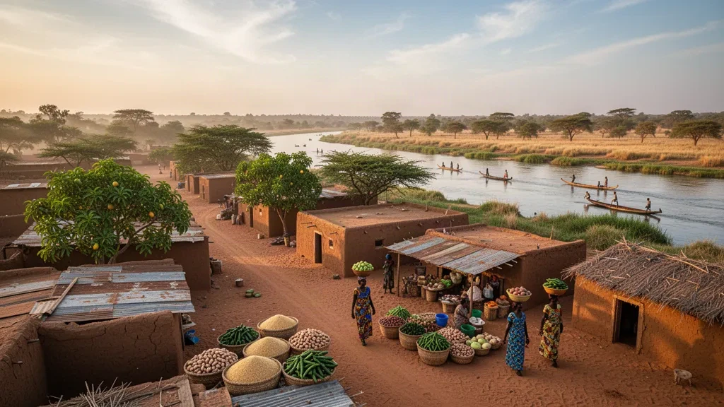 Blick zur goldenen Stunde über Bongor in der Region Mayo-Kebbi Ouest im Tschad, mit Lehmziegelhäusern, Mangobäumen und Pirogen entlang des Logone-Flusses