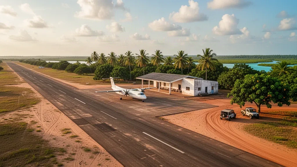 Kleines Regionalflugzeug neben der sonnenbeschienenen Startbahn und dem palmengesäumten Terminal am Flughafen Pebane an der tropischen Küste Mosambiks