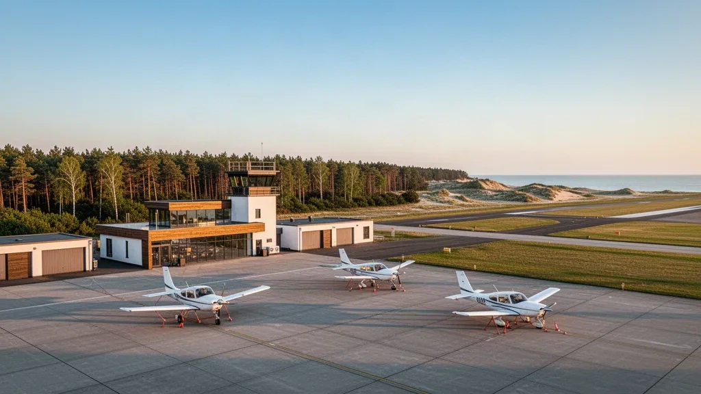 Aeropuerto de Peenemünde en la costa báltica de Usedom con una pequeña terminal, torre de control y avionetas con luz de hora dorada