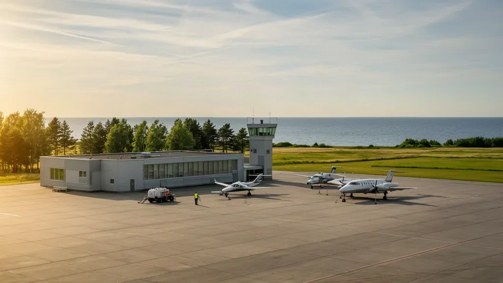 Aéronefs légers stationnés sur l'aire de trafic devant le bâtiment terminal bas de l'aéroport de Peenemünde sur la côte baltique allemande
