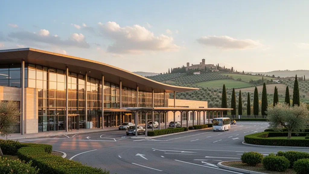 Modernes Glas-Terminal des Flughafens Perugia San Francesco d'Assisi Umbrien zur goldenen Stunde mit den Hügeln Umbriens im Hintergrund