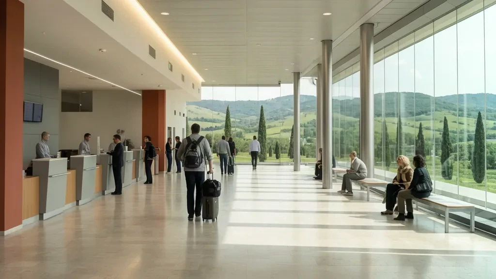 Perugia San Francesco d'Assisi Umbria Uluslararası Havalimanı'nda check-in kontuarları ve yolcularla aydınlık terminal içi