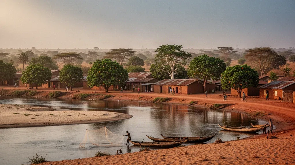 Golden-hour view of Sarh in Chad's Moyen-Chari region, with the wide Chari River, wooden pirogues and low mud-brick buildings among mango trees.