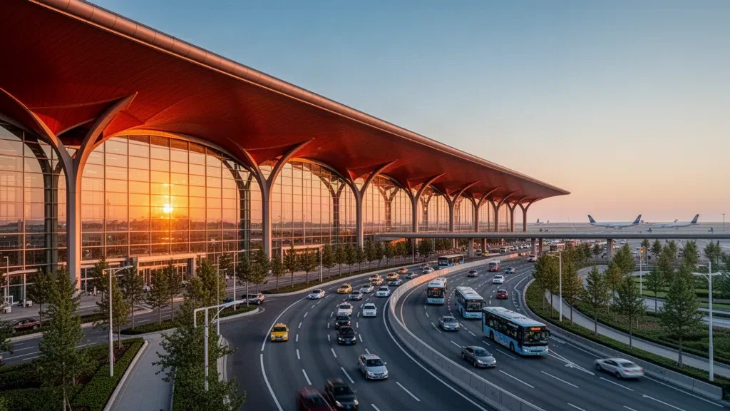 Beijing Capital International Airport Terminal 3 curved roof and glass facade at golden hour, wide architectural travel view