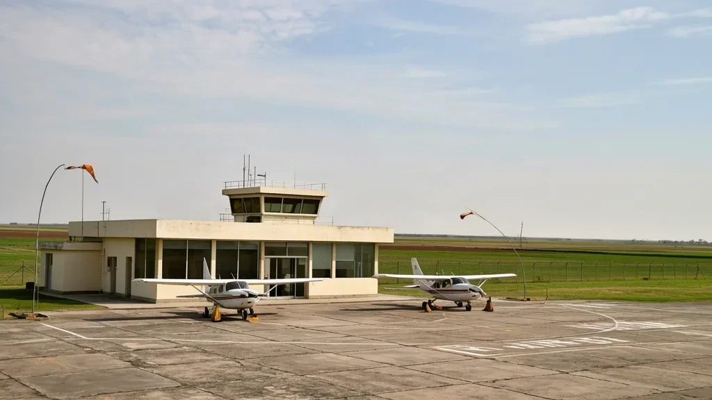 Arjantin'in Pehuajó kentindeki Comodoro Pedro Zanni Havalimanı'nda tek katlı terminal ve apron, geniş Pampas gökyüzü altında park etmiş hafif uçaklar