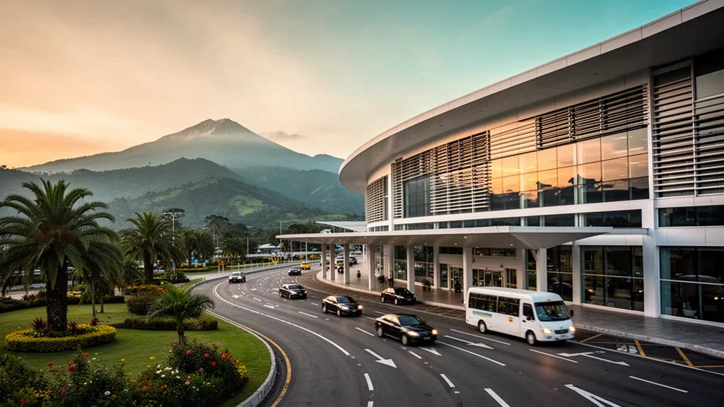 Modernes Glas-Terminal und Vorfahrtzone am Matecaña International Airport in Pereira, Kolumbien, mit Andenbergen zur goldenen Stunde.