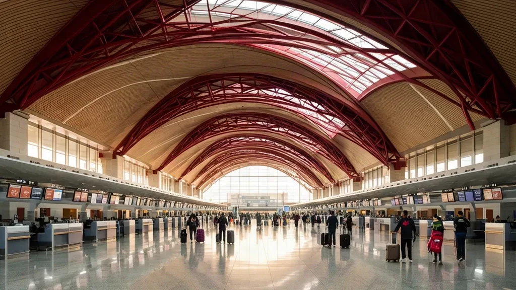Sala de salidas de la Terminal 3 del Aeropuerto Internacional de Pekín Capital con su amplio techo rojo e islas de facturación