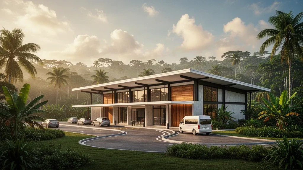Esterno moderno del terminal dell'aeroporto internazionale Padre Aldamiz a Puerto Maldonado, circondato dalla lussureggiante foresta pluviale amazzonica e da una calda luce tropicale