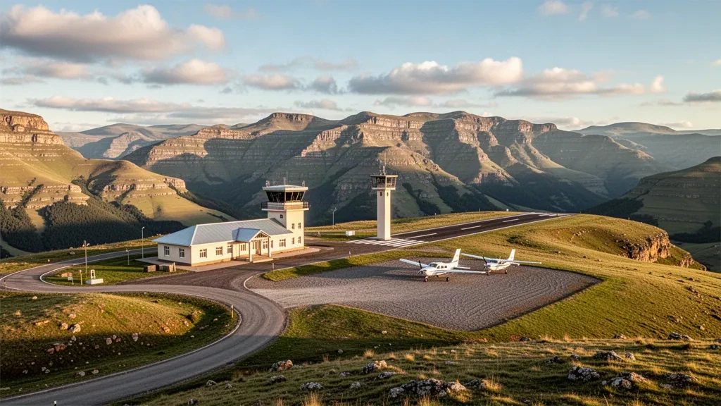 Petite piste d'atterrissage de haute montagne et terminal modeste à l'aéroport de Pelaneng dans les monts Maloti au Lesotho sous une lumière dorée et dégagée