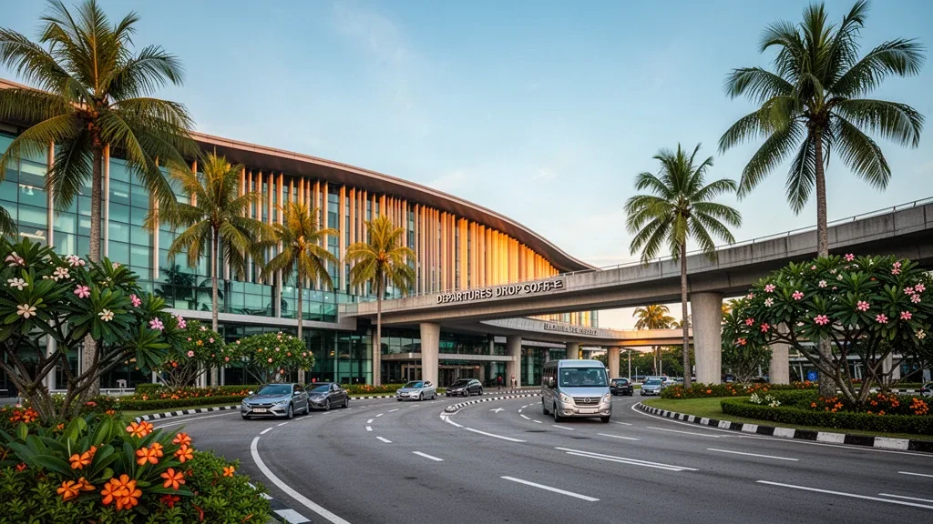 Außenansicht eines modernen Glasterminals am Penang International Airport mit Palmen, Vorfahrspuren und warmem Licht zur goldenen Stunde