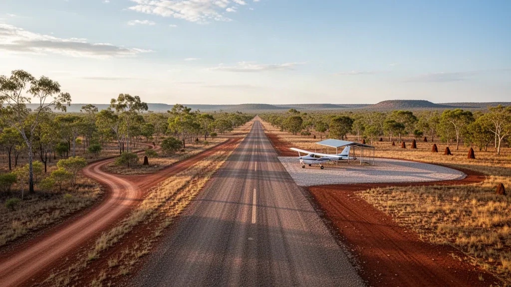 Petit avion léger stationné sur une piste isolée de l'outback près de Peppimenarti dans le Territoire du Nord à l'heure dorée