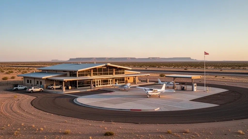 Terminal bajo de una sola planta, plataforma y aviones ligeros estacionados en el Aeropuerto Municipal de Pecos en las llanuras del oeste de Texas a la hora dorada.