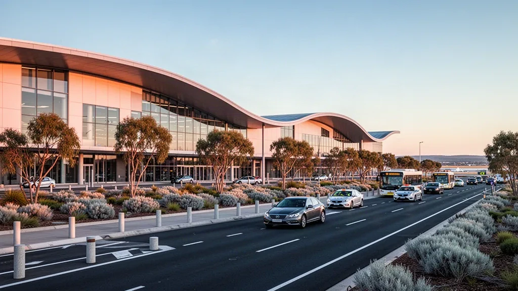 Extérieur moderne du terminal international en verre à l'aéroport de Perth, en Australie-Occidentale, avec une toiture courbe, des voies de dépose et des véhicules à l'heure dorée
