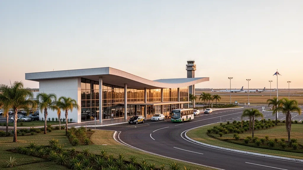 Esterno moderno del terminal in vetro e corsia di sosta dell'Aeroporto Internazionale João Simões Lopes Neto a Pelotas, Brasile