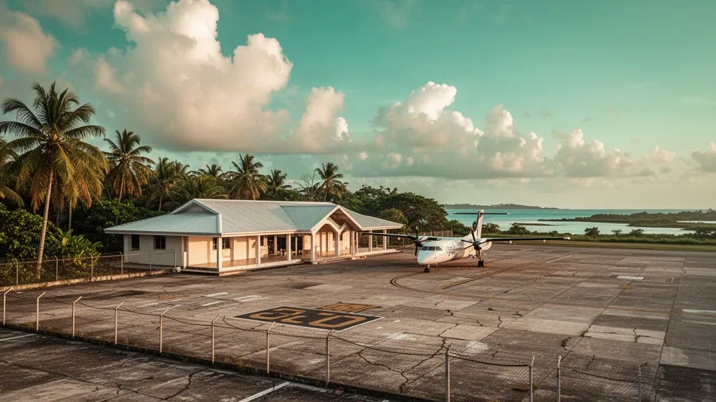 Terminal tropical de poca altura y plataforma bordeada de palmeras en el Aeropuerto de Puerto Lempira, en la Costa de los Mosquitos del Caribe hondureño