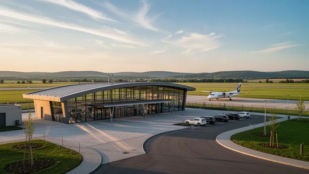 Edificio terminal moderno de baja altura y explanada limpia en el Aeropuerto de Pécs-Pogány en Hungría durante la hora dorada, rodeado de campo abierto