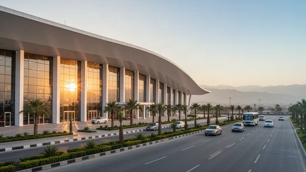 Blick zur goldenen Stunde auf den Bacha Khan International Airport in Peshawar mit modernem Glas-Terminal und Haltebuchten am Straßenrand.