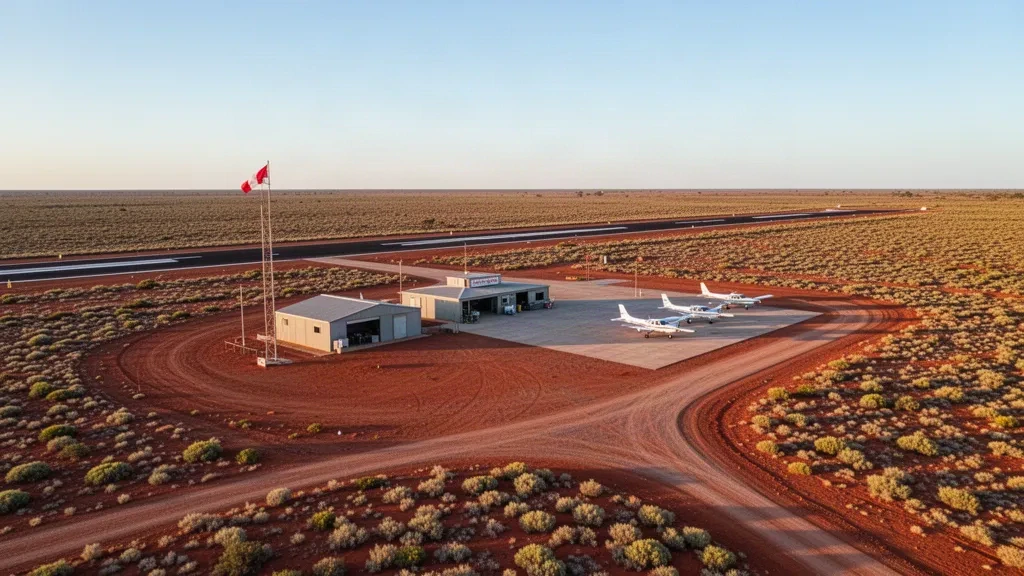 Weite Luftaufnahme der abgelegenen Start- und Landebahn und des kompakten Vorfelds des Flughafens Penong im trockenen Outback Südaustraliens zur goldenen Stunde.