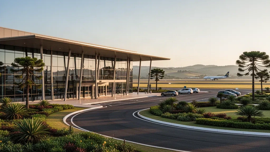 Modern glass terminal and drop-off lanes at Lauro Kurtz Airport in Passo Fundo, Brazil, glowing in warm golden hour light
