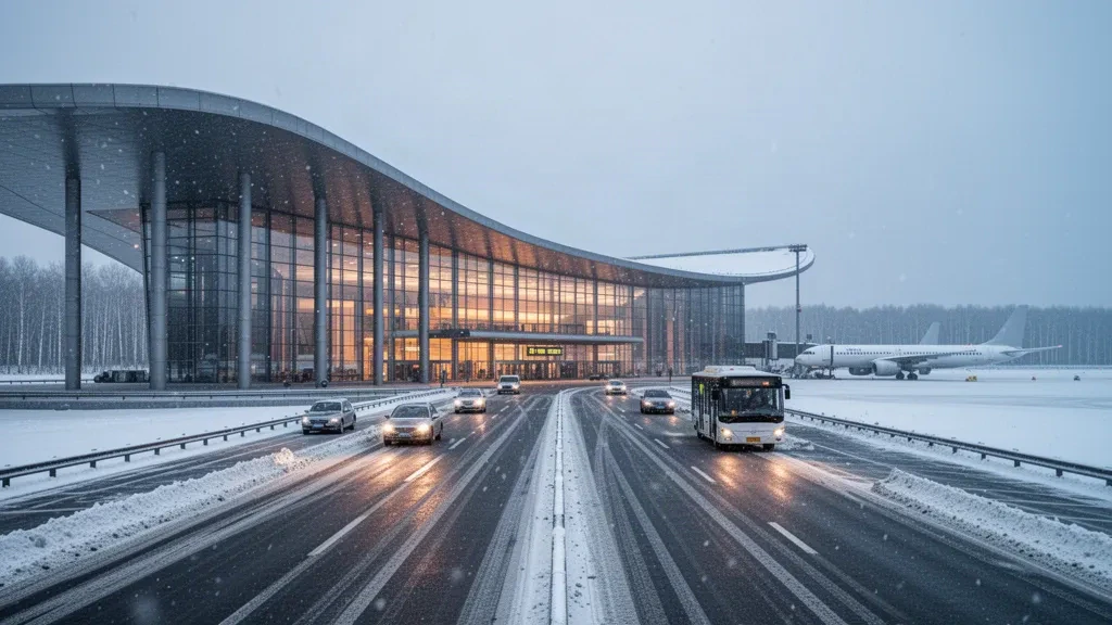 Terminal d'aéroport moderne en verre à l'aéroport de Harbin Pingfang par une soirée d'hiver enneigée, avec voies d'accès et éclairage chaleureux à l'intérieur
