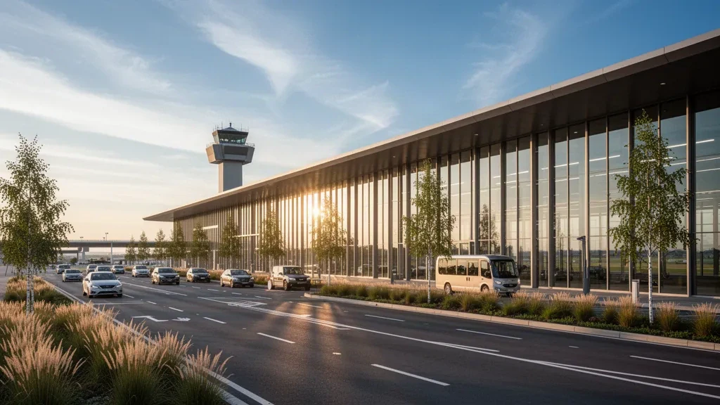 Modern glass airport terminal exterior at Primrose Airport with kerbside drop-off lanes and access roads at golden hour