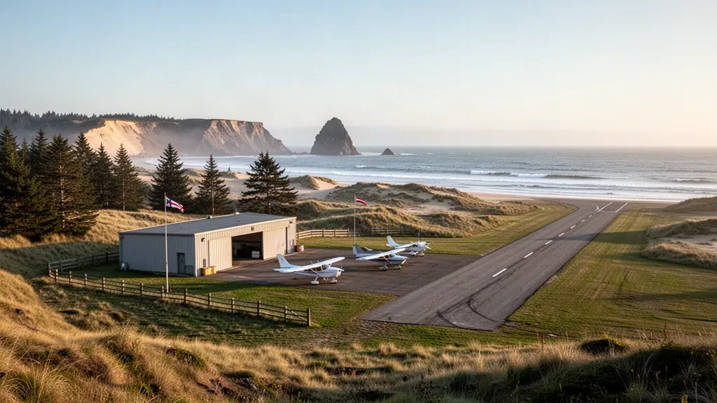 Pequeño aeródromo costero de Oregón en el Aeropuerto Estatal de Pacific City con una pista tranquila, aviones ligeros aparcados y el océano Pacífico al fondo