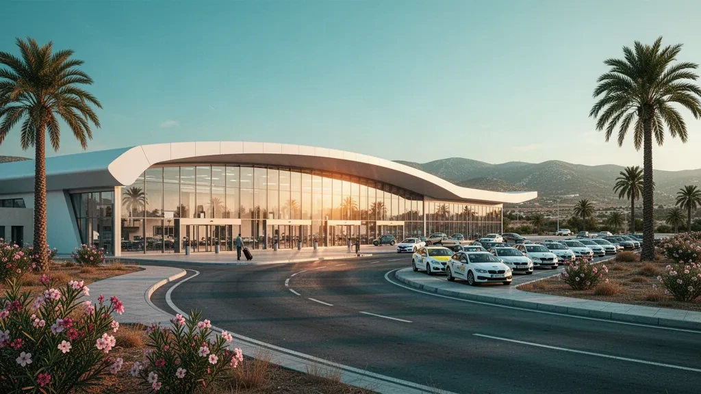Exterior moderno de terminal de cristal en el Aeropuerto Internacional de Pafos en Chipre con carriles de descenso, palmeras y luz mediterránea de hora dorada