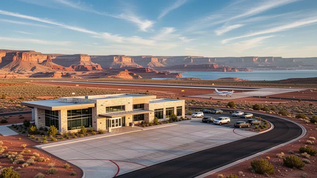 Terminal del Aeropuerto Municipal de Page y plataforma en el desierto de Arizona, con acantilados de roca roja y la región del lago Powell bajo una cálida luz de tarde