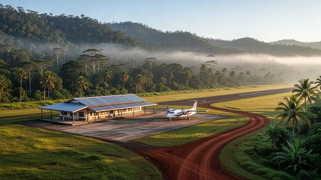 Small tropical airport terminal and bush runway at Pangoa Airport (PGB) in Papua New Guinea, framed by rainforest ridges at golden hour.